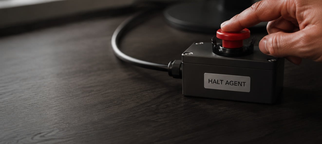 A hand resting on a red stop button in a small grey box labeled Halt Agent, on a desk in front of a monitor. Staged illustration.