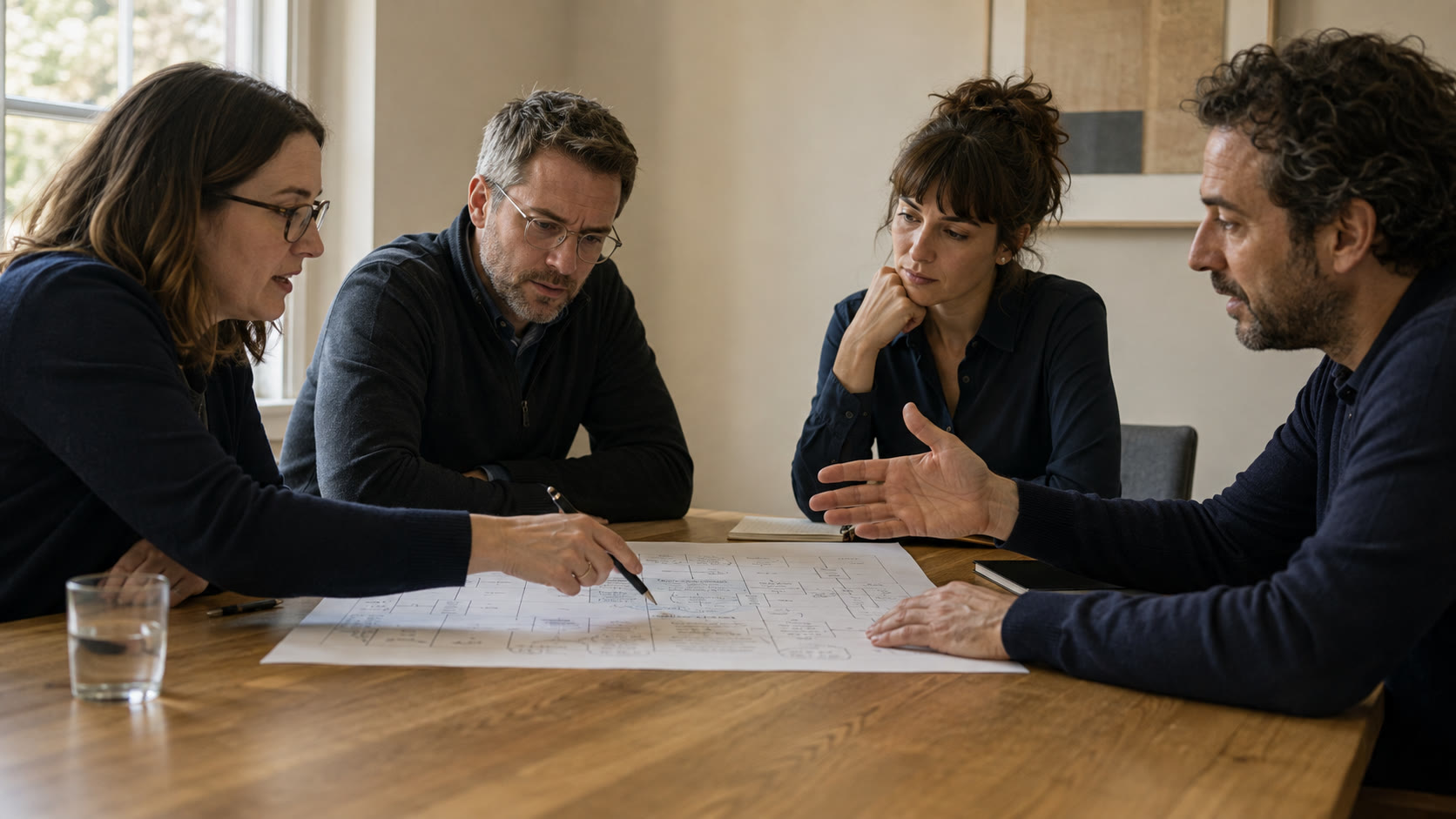 Four people at a table arguing over a filled-in canvas, one of them pointing at a cell with a pen. Staged illustration.