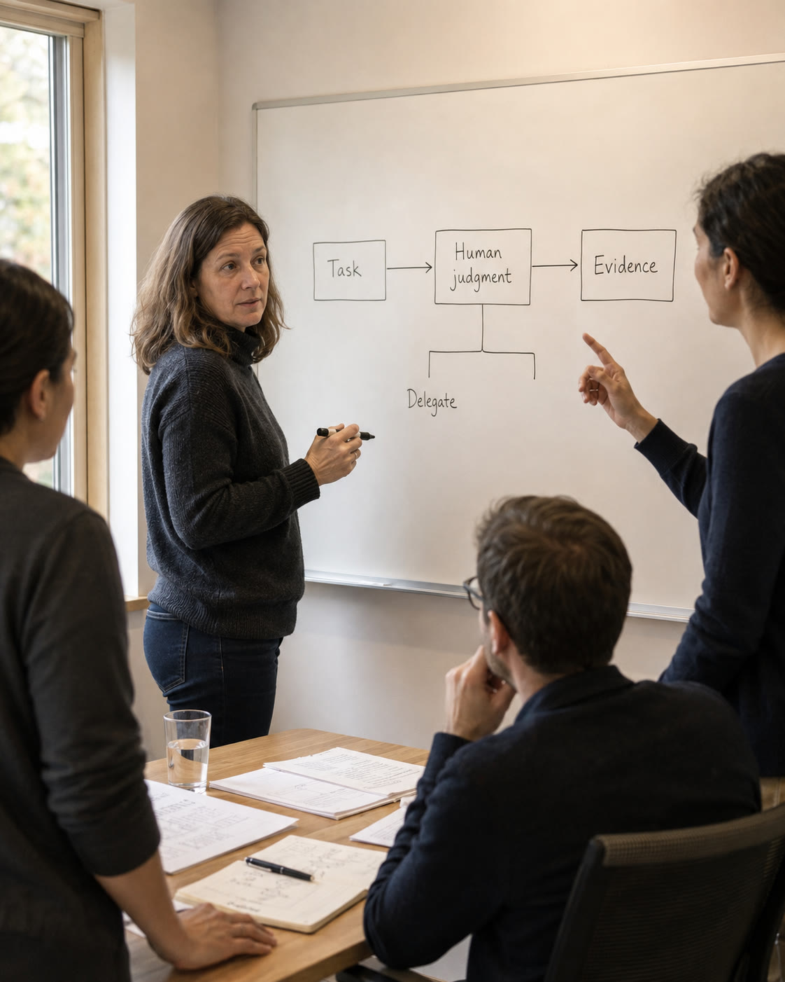 A supervisor at a whiteboard drawing a workflow by hand: task, then human judgment, then evidence, with delegate as a branch below, while three colleagues push back. Staged illustration.